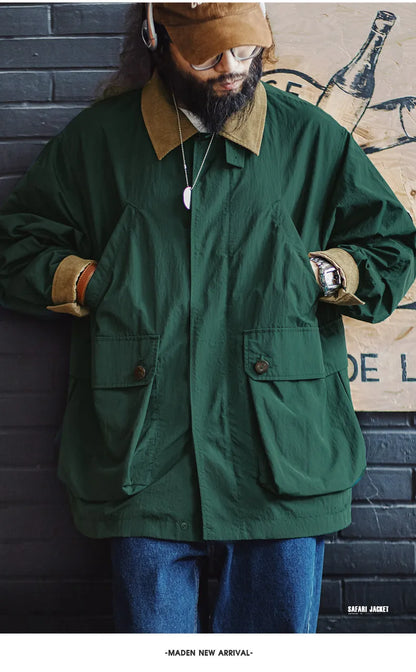 Maden Men's Retro Multi-pocket Safari Jacket Green Loose Corduroy Lapel Classic Coat Versatile Outerwear for Spring and Autumn