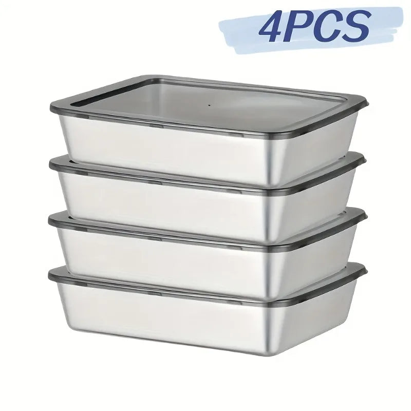 4Pcs Stainless Steel Food Containers with Black Lids, Kitchens Accessories, Holds Knives, Stackable Kitchen Storage