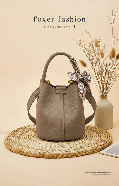FOXER Women Shoulder Bag Crossbody Handbag Lady Genuine Leather+ Microfiber Fashion Bucket Bag Gift for Lover