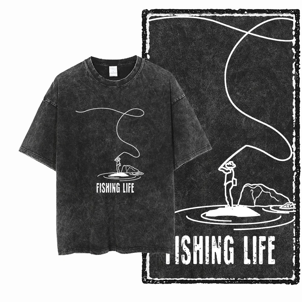 YB FISHING THEME Printed Cotton Acid Washed Exclusive Graphic Unisex T Shirt Cool Streetwear Men Tshirts Big Size Tee for Men