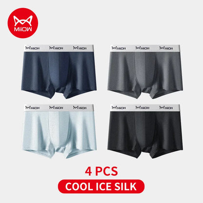 MiiOW Men's Ice Silk Underwear 4Pcs Breathable Mesh Boxers Antibacterial Crotch