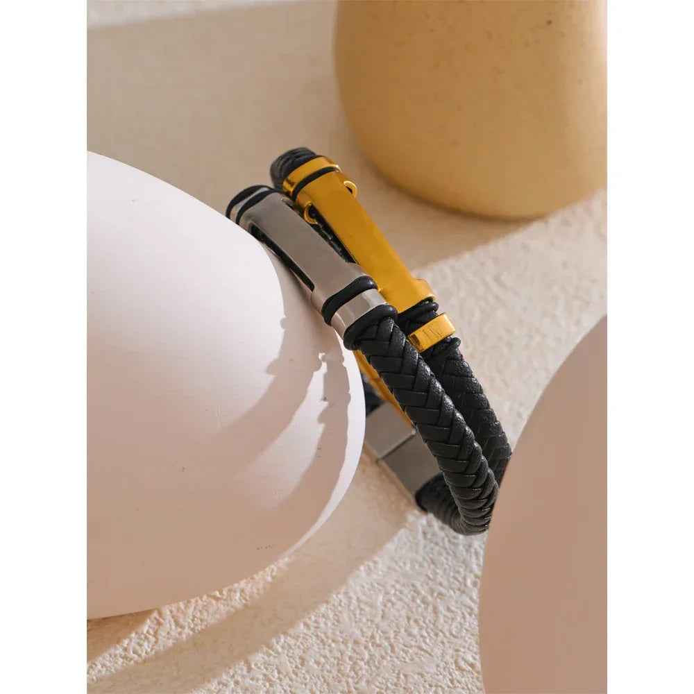 70mm Vintage Stainless Steel Black Leather Braided Handmade Men's Bracelet Bangle - ShopHub