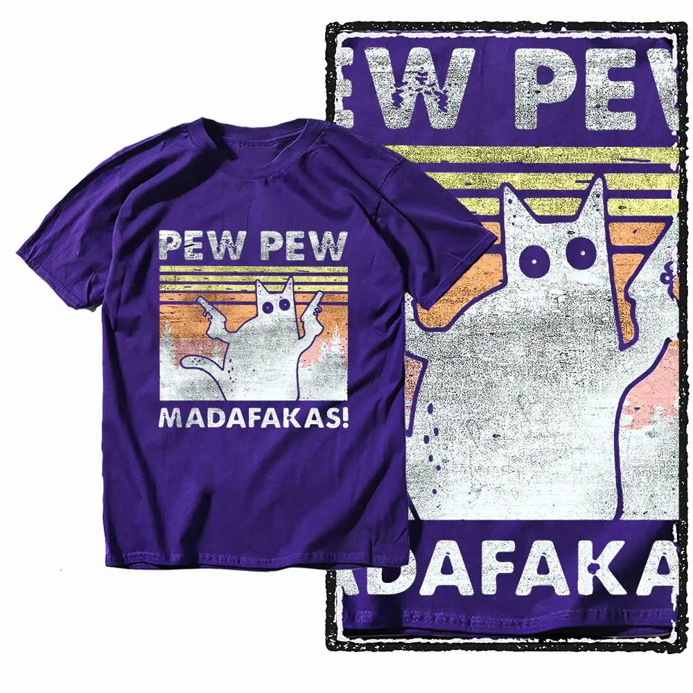 G49 Purple Big Size Cool 100% Cotton  Men's Cat Printed Graphic T-shirt |  Streetwear O-neck men's Tee Tshirt