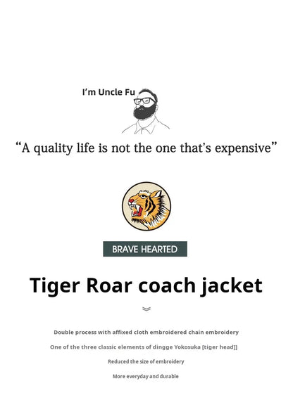 Maden Men's Vintage Tiger Embroidery Jacket Heavyweight Cotton Zip-Up with Lapel Collar Green Casual Overcoat for Spring Fall