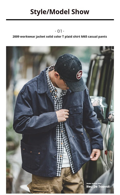 Maden Retro French Jacket Multi-Pocket Lapel Navy Heavyweight Single-breasted Hunting Coat for Men's Spring and Autumn Tops