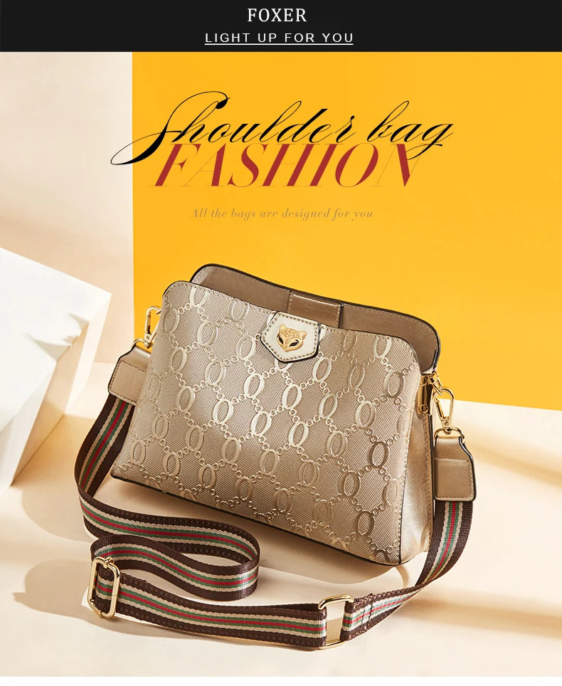 FOXER Women's Shoulder Bag Split Leather Lady Crossbody Bag Fashion Monogram Print Large Capacity Handbag Purse