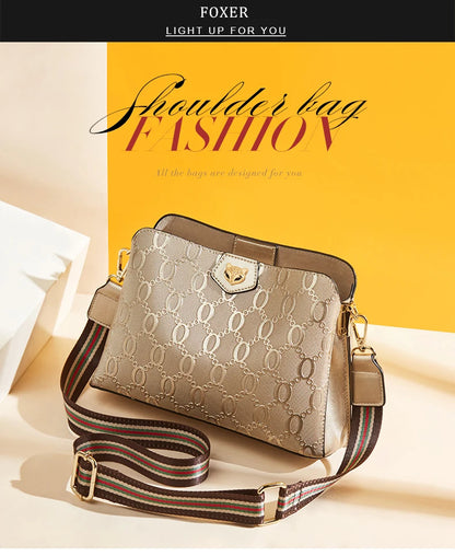 FOXER Women's Shoulder Bag Split Leather Lady Crossbody Bag Fashion Monogram Print Large Capacity Handbag Purse