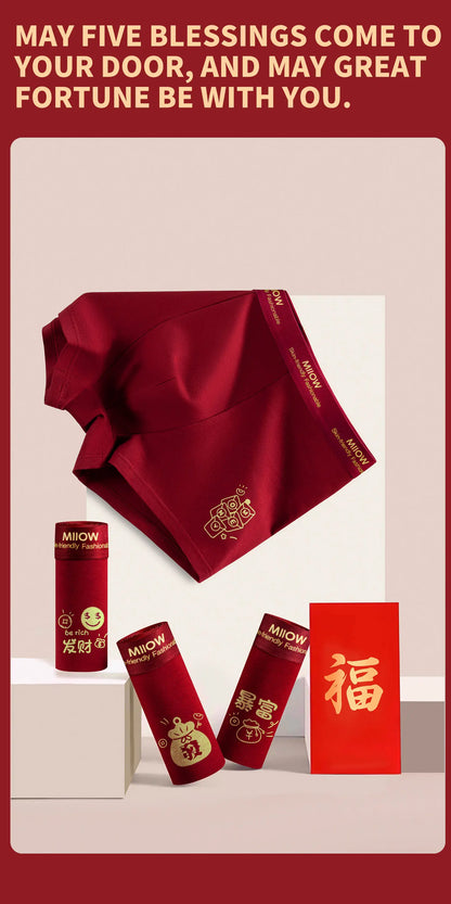 MiiOW 3Pcs Men's Antibacterial Cotton Boxers Lucky Red Breathable Underwear