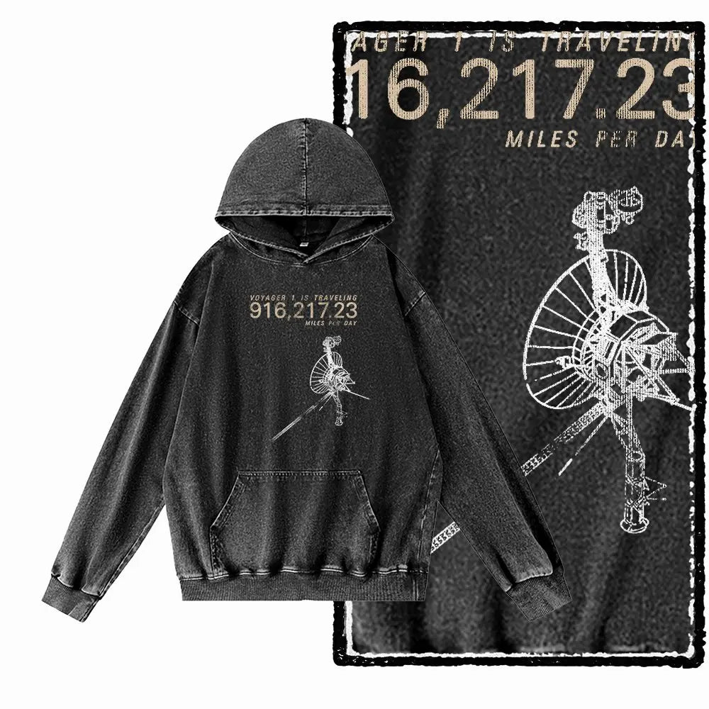 Cosmic Drift Space Graphic Acid-Washed Black Hoodie