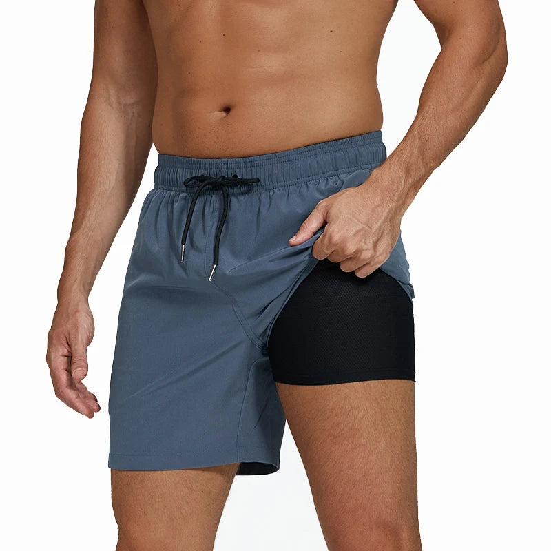 Men's summer boardshorts by ShopHub NZ, polyester with spandex, elastic waist, side zipper pocket, suitable for gym, beach, and swim.