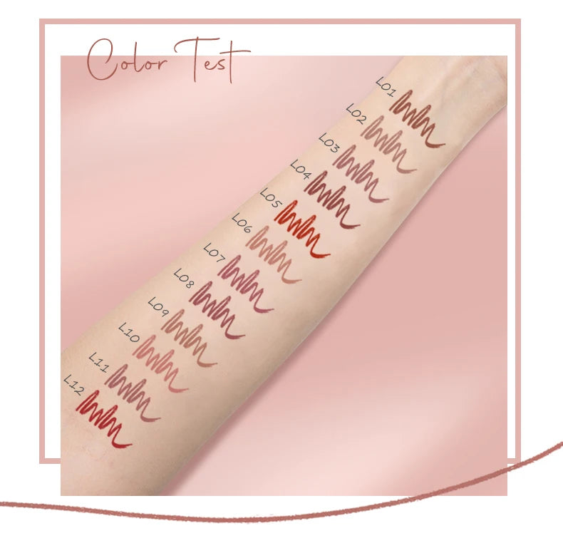 Face Secret 12 Colour Lipliner makeup pencil in various shades, featuring a sleek black design and sharpened tips for precise application.