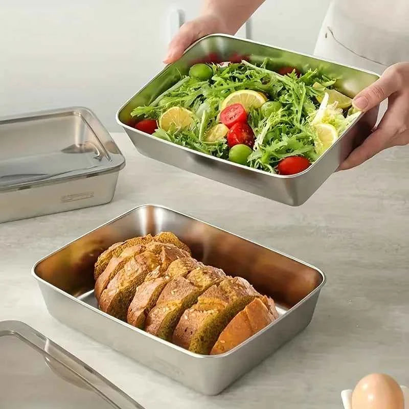 4Pcs Stainless Steel Food Containers with Black Lids, Kitchens Accessories, Holds Knives, Stackable Kitchen Storage