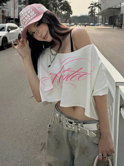 Kliou Casual Letter Print Skew Collar T-Shirt