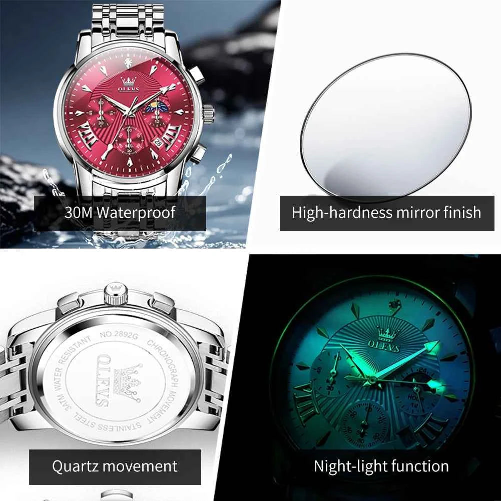 OLEVS 2892 Mens Business Quartz Watch with Moon Phase Multifunctional Chronograph and Calendar Window