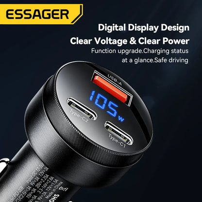 Essager 105W USB Car Charger with Quick Charge 4.0, QC3.0, and USB PD support