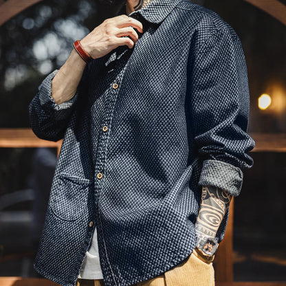 Maden Retro Checkered Long-sleeved Denim Shirt Loose Lapel Single-breasted Jacket for Men Spring and Fall Versatile Outerwear