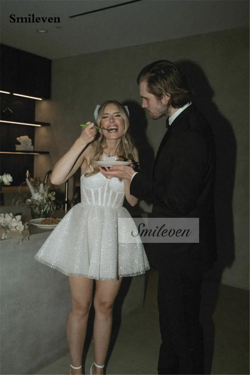 Smileven Sleeveless A Line Shiny Glitter Short Wedding Dress