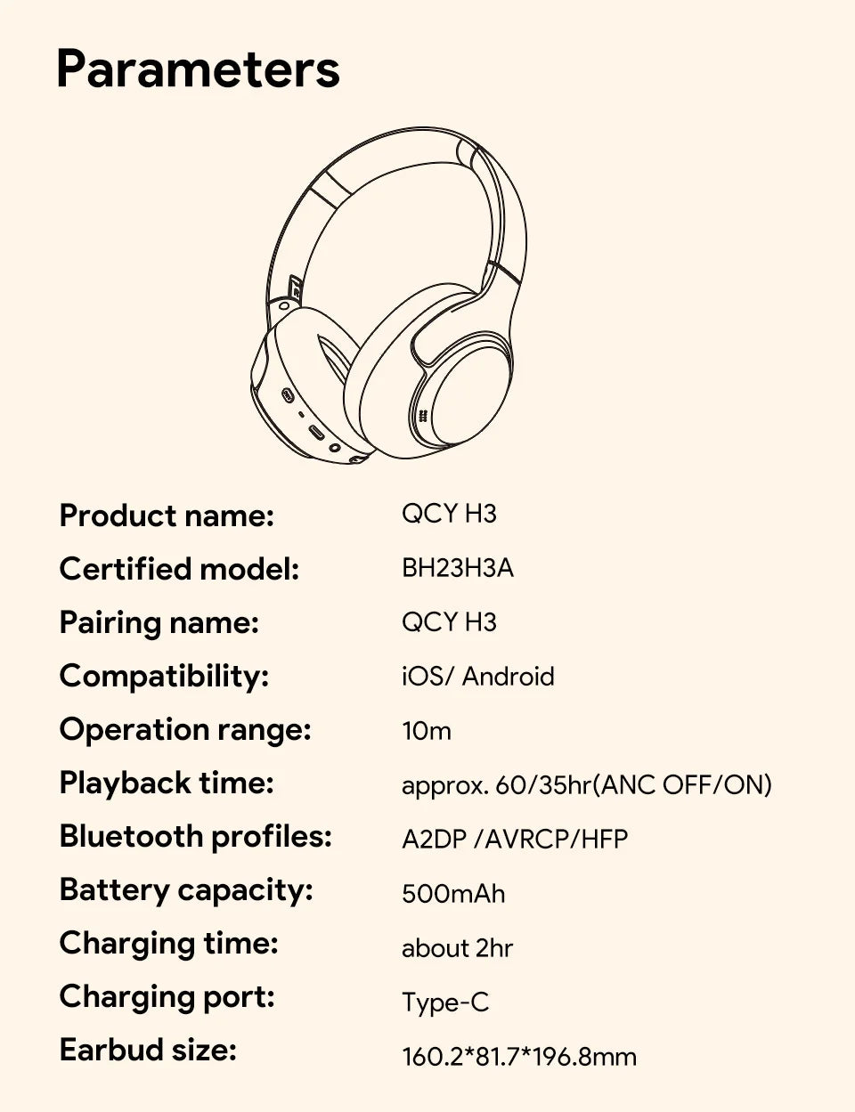 QCY H3 Wireless Headphones with Hybrid Active Noise Cancellation and 60Hrs Playtime, Hi-Res Audio, Bluetooth 5.4 Over Ear Design