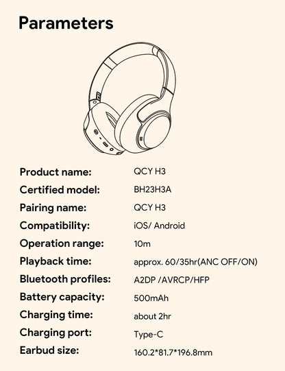 QCY H3 Wireless Headphones with Hybrid Active Noise Cancellation and 60Hrs Playtime, Hi-Res Audio, Bluetooth 5.4 Over Ear Design