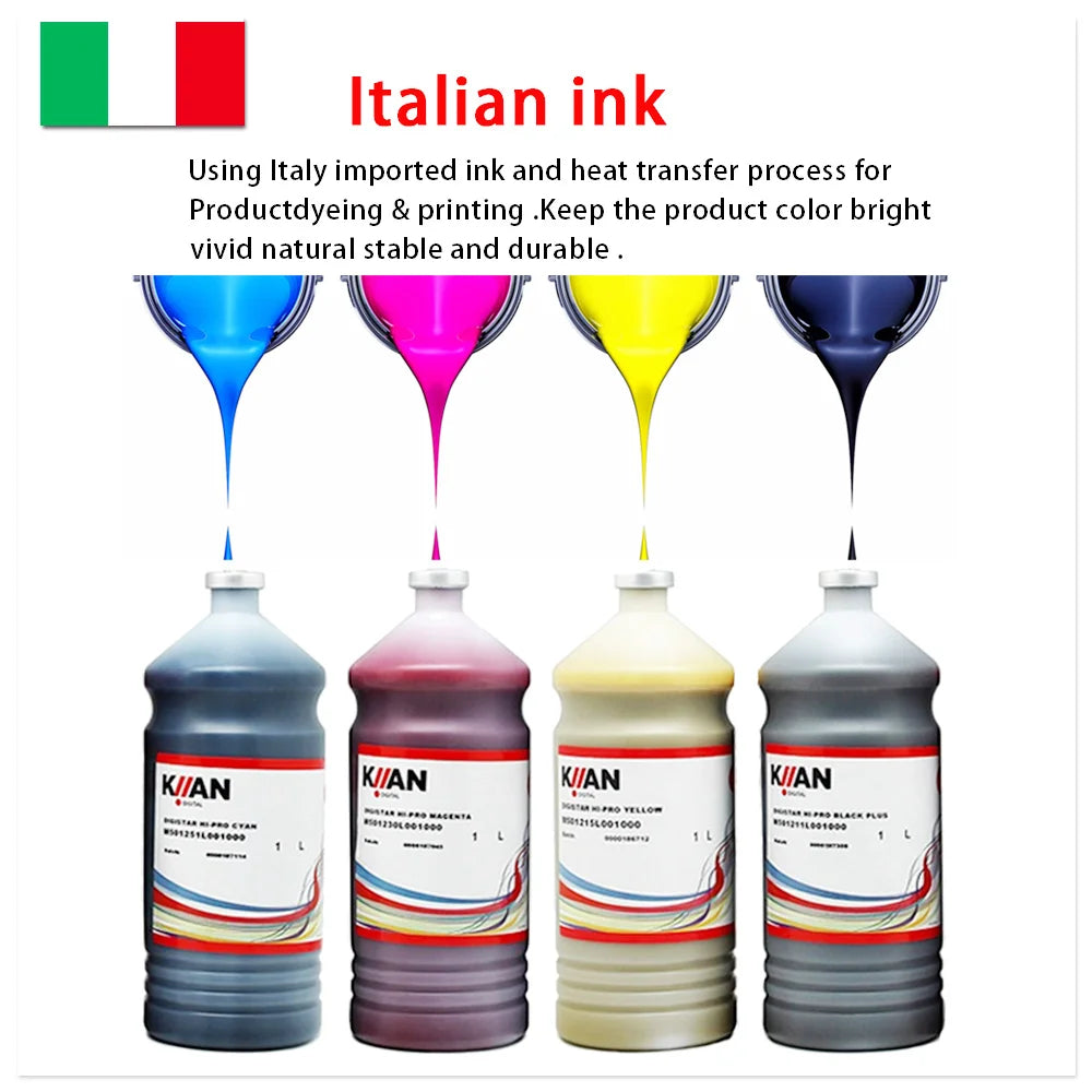 Four bottles of KJIAN ink with colorful ink being poured, set against a white background with text about Italian ink.