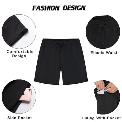 Men's summer boardshorts by ShopHub NZ, polyester with spandex, elastic waist, side zipper pockets, ideal for gym, beach, and swim.