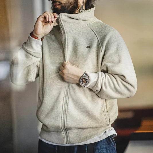 Maden Gray Hooded Sweatshirt for Men Polar Fleece Lining Thickened Warm Zippered Sports Cardigan Autumn and Winter Outer Jacket