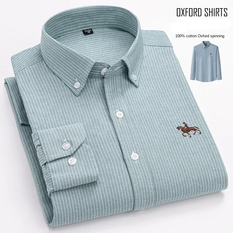 Casual Cotton Oxford Shirts for Men - Long Sleeve Regular Fit White Dress Shirt