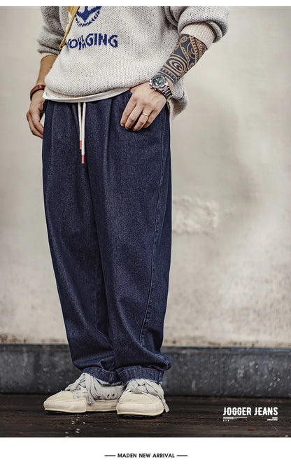 Maden Casual 10oz Jogger Denim Jeans with Elastic Waist Drawstring Washed Straight Trousers for Men's Spring and Autumn Pants
