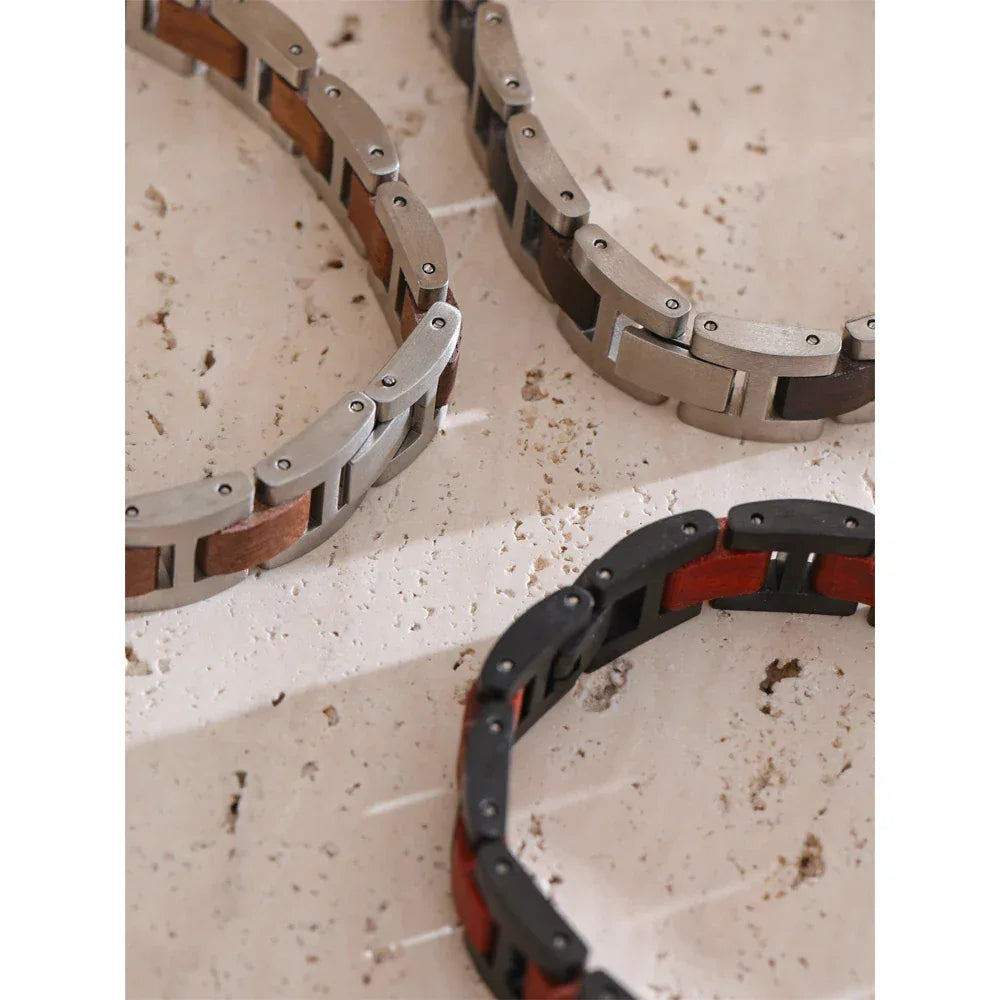 22cm Stylish Unique Stainless Steel Natural Wood Chain Men's Classic Bracelet - ShopHub