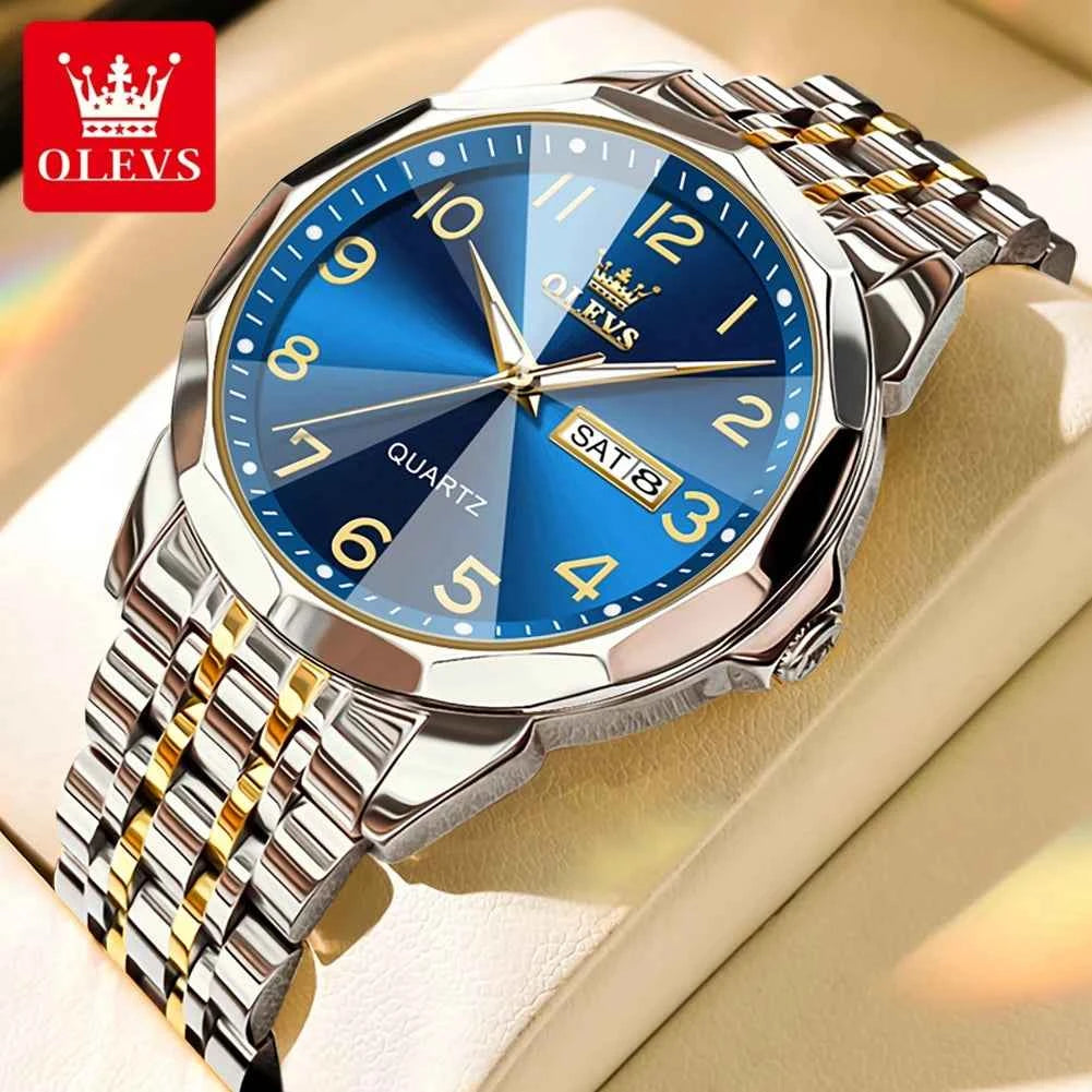 OLEVS 9970 Mens Watch with Original Mirror Quartz Movement, Waterproof, Luminous Dual Calendar - Perfect Mens Gifts Reloj