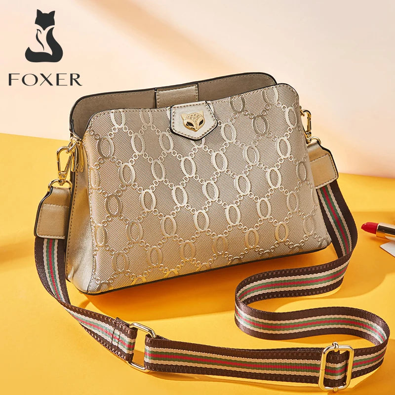 FOXER Women's Shoulder Bag Split Leather Lady Crossbody Bag Fashion Monogram Print Large Capacity Handbag Purse