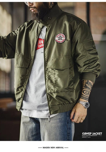Maden Vintage Military Style G8WEP Jacket Men's Short Length Stand Collar Tactical Coat Green Lightweight Zip-Up Field Jacket