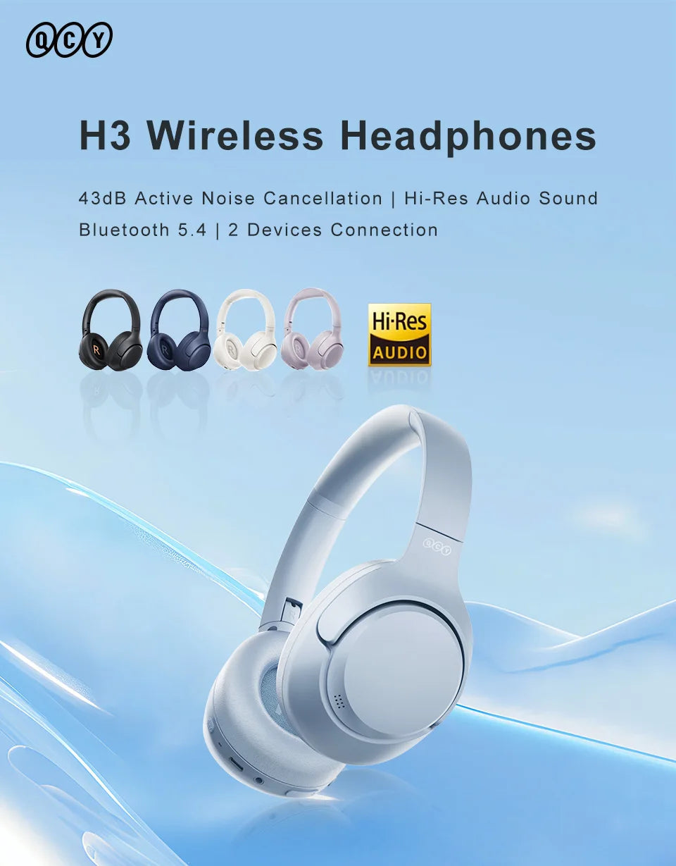 QCY H3 Wireless Headphones with Hybrid Active Noise Cancellation and 60Hrs Playtime, Hi-Res Audio, Bluetooth 5.4 Over Ear Design