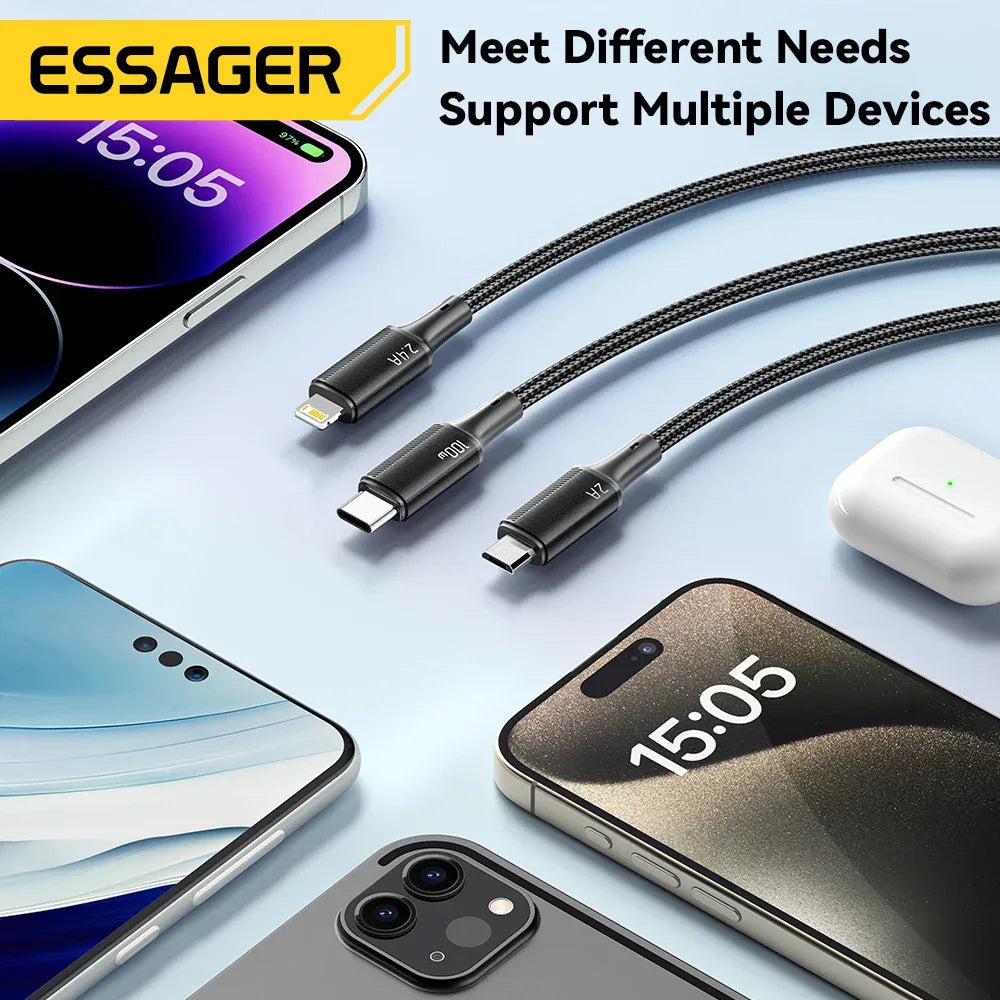Essager 100W 3-in-1 USB C to Type C and Lightning PD Fast Charger Cable - ShopHub