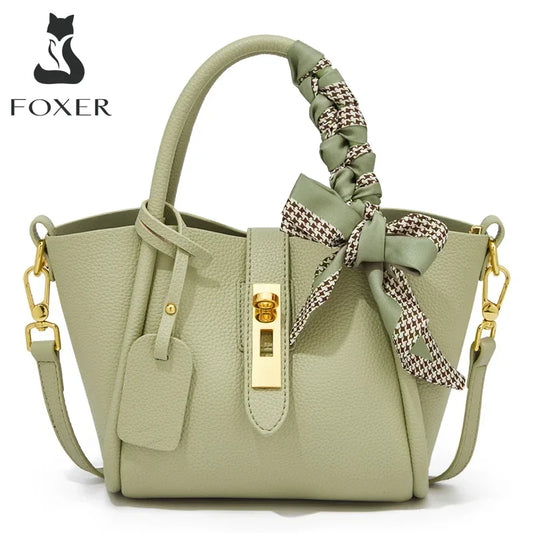 FOXER Women's Handbag Split Leather Shoulder Bag 2026 Fashion Lady Crossbody Bag Light Luxury Commuter Bucket Bag as Gift