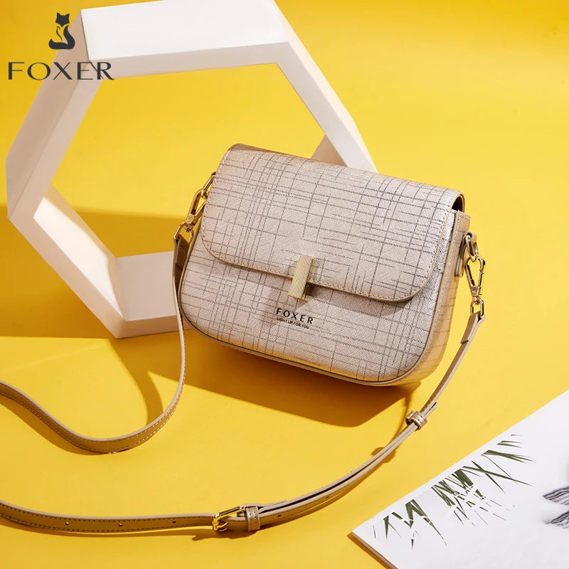 FOXER Female Shoulder Bag Split Leather Crossbody Bag Fashion Luxury Design Saddle Bag Commute Daily Use Gift for Lover