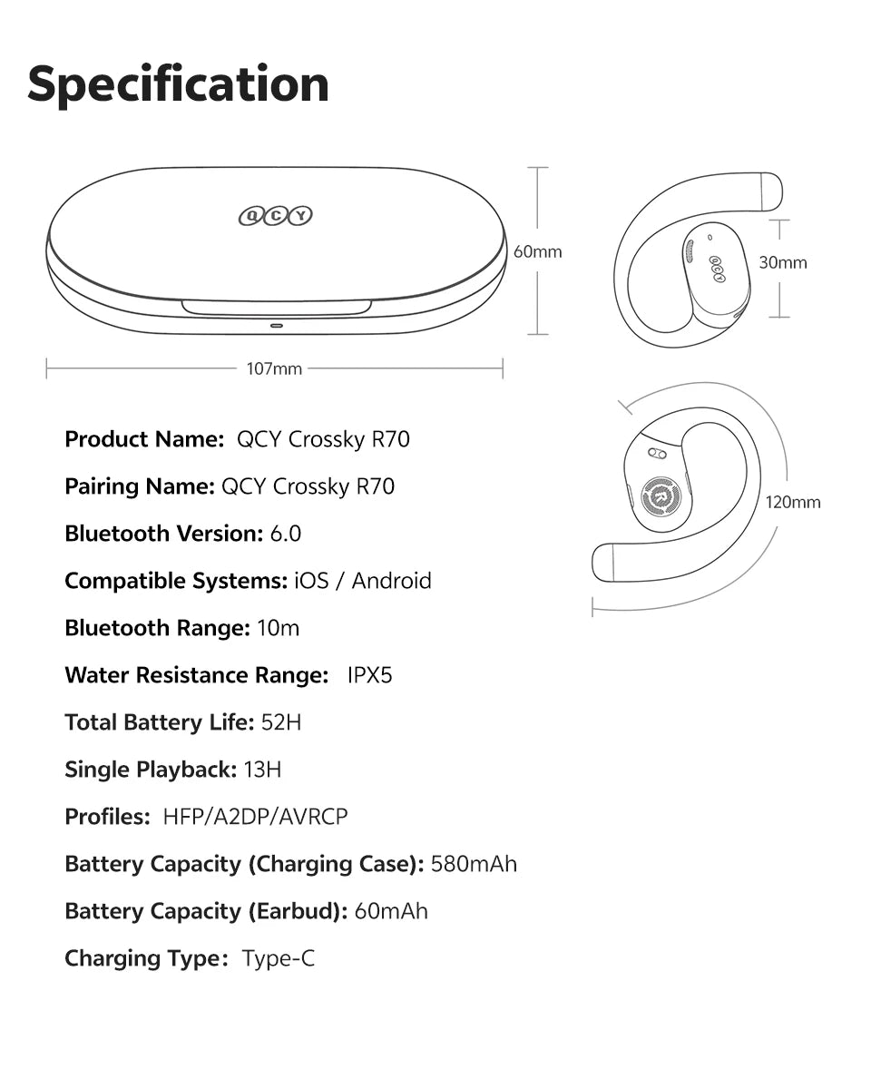 QCY Crossky R70 Wireless Headphones - Hi-Res Open-Ear Bluetooth 6.0 Earhooks with Bass Boost
