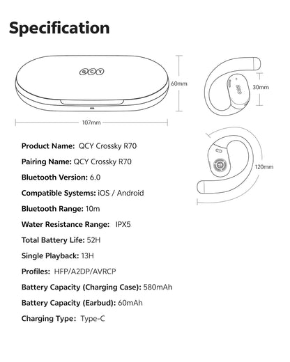 QCY Crossky R70 Wireless Headphones - Hi-Res Open-Ear Bluetooth 6.0 Earhooks with Bass Boost