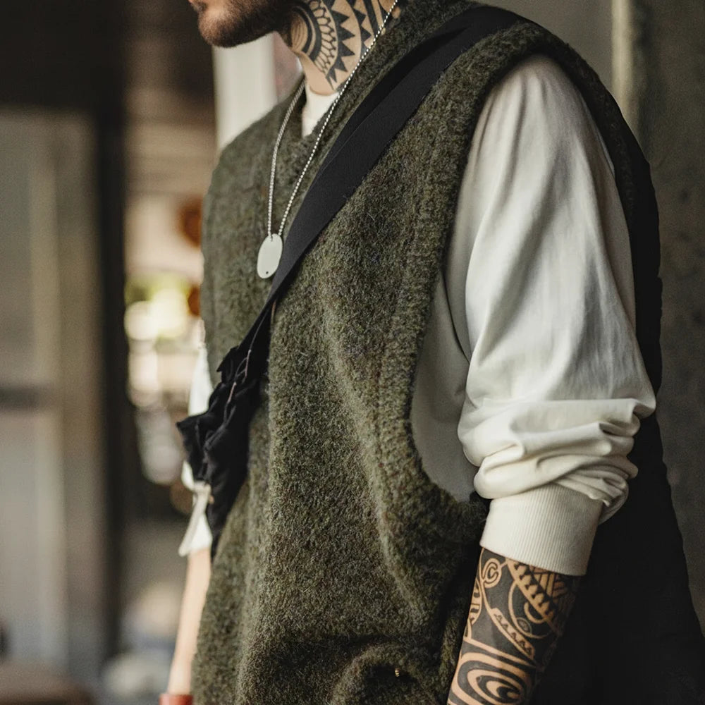 MADEN Moss-Green V-Neck Knit Vest