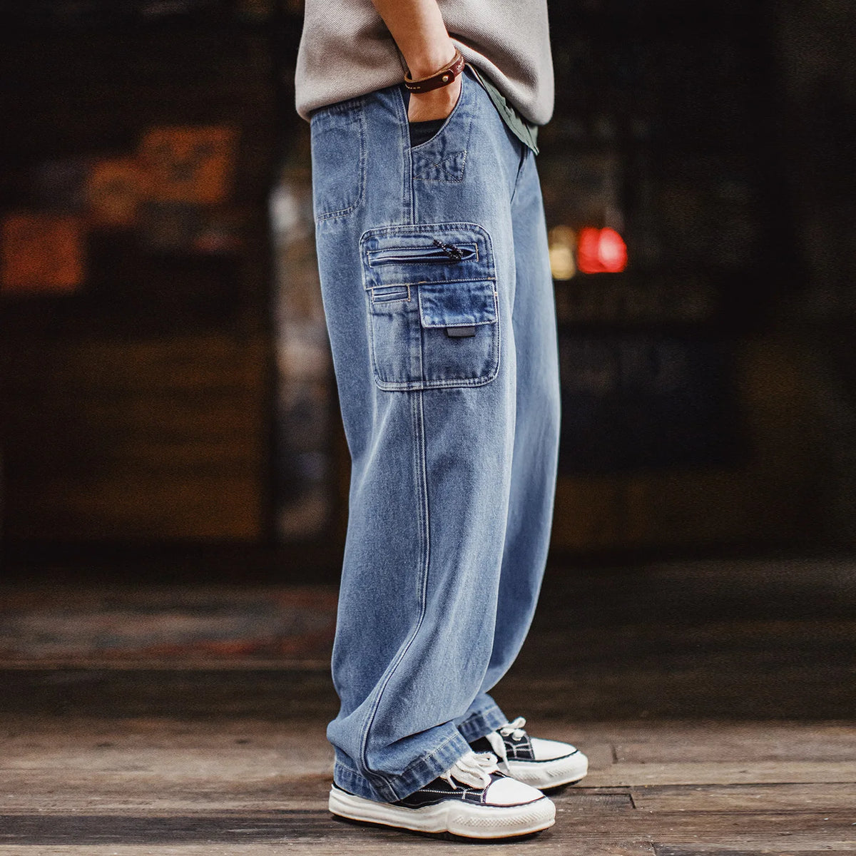 Maden Men's Vintage 10.5oz Washed Denim Jeans Loose Fit Cargo Pocket Workwear Pants Casual Blue Trousers for Spring and Autumn
