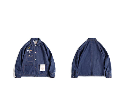 Maden Vintage Embroidered Badge 12.8oz Heavyweight Denim Jacket Washed Lapel Casual Outerwear for Men Spring and Fall Chore Coat