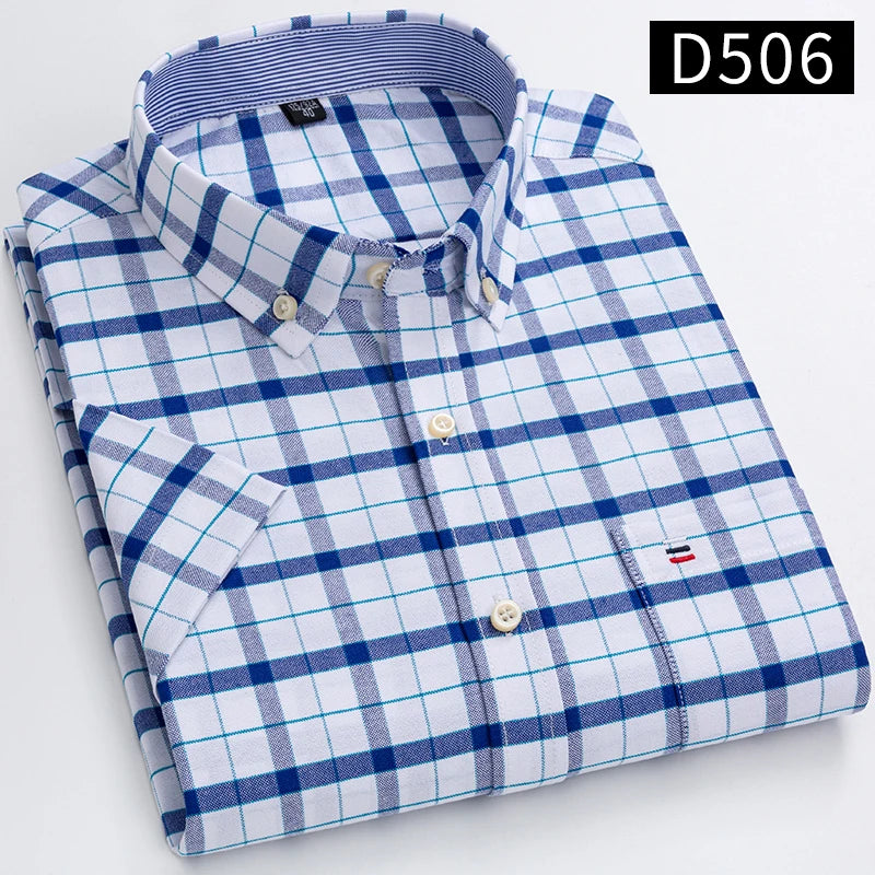 100% Cotton Men's Breathable Cotton Plaid Shirt - Short Sleeve Oxford Summer Striped Regular Fit Oversized Clothing