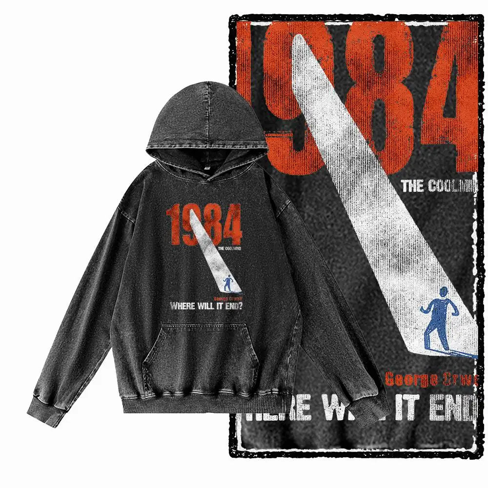 1984 Graphic Acid-Washed Black Streetwear Hoodie