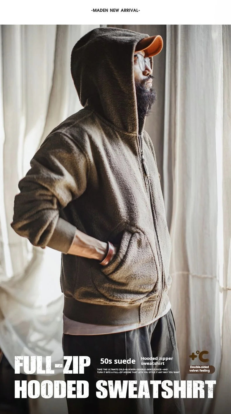 Maden Men’s Khaki Fleece Zip Hoodie Jacket