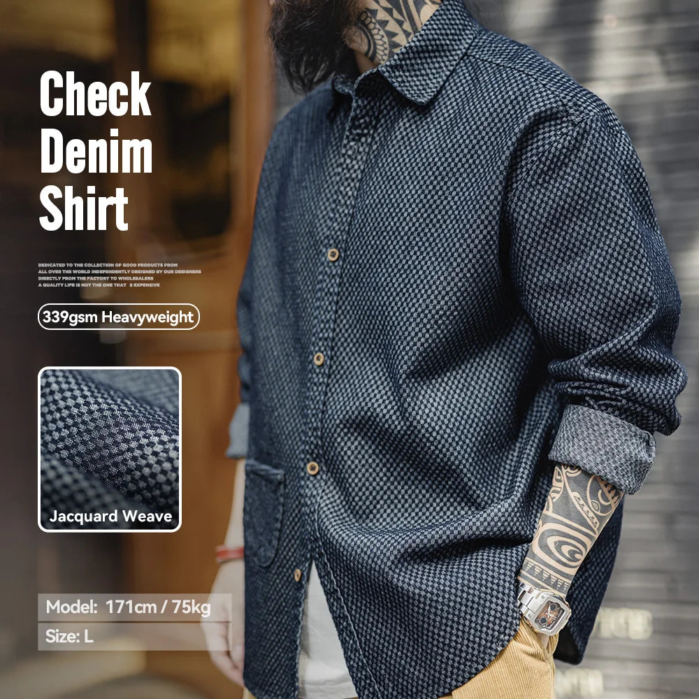 Maden Retro Checkered Long-sleeved Denim Shirt Loose Lapel Single-breasted Jacket for Men Spring and Fall Versatile Outerwear