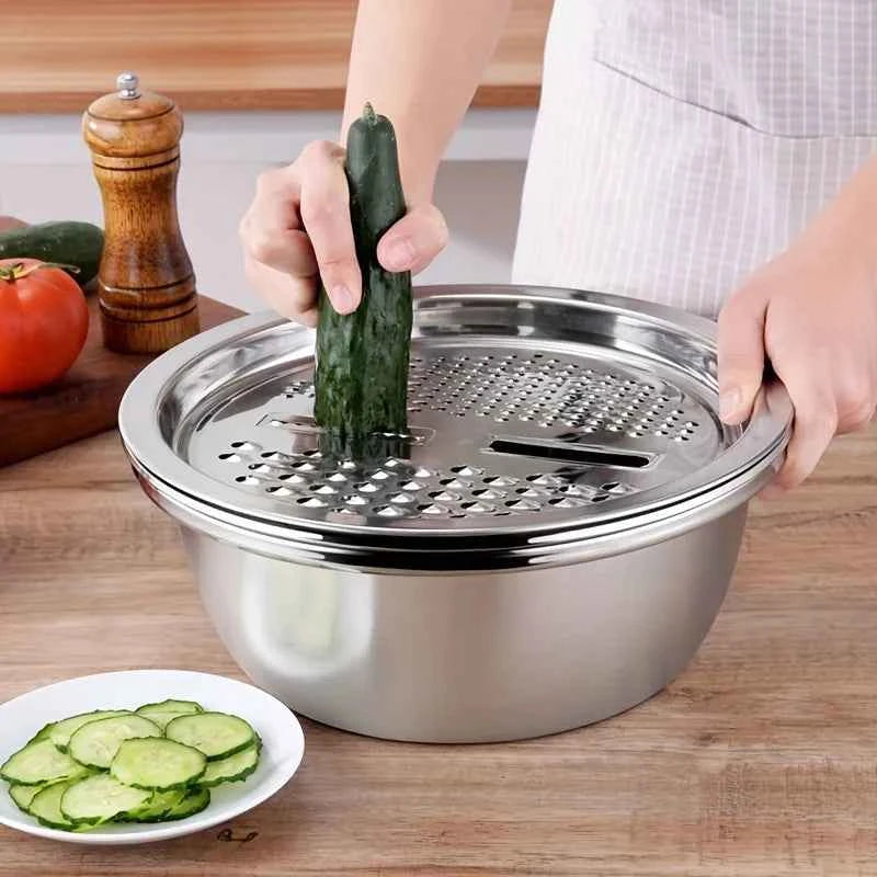 2Pcs Kitchen Accessories, Stainless Steel Bowl with Lid, Multi-use Drain Slicing Bowl, Practical Kitchen Tools & Kitchen Items