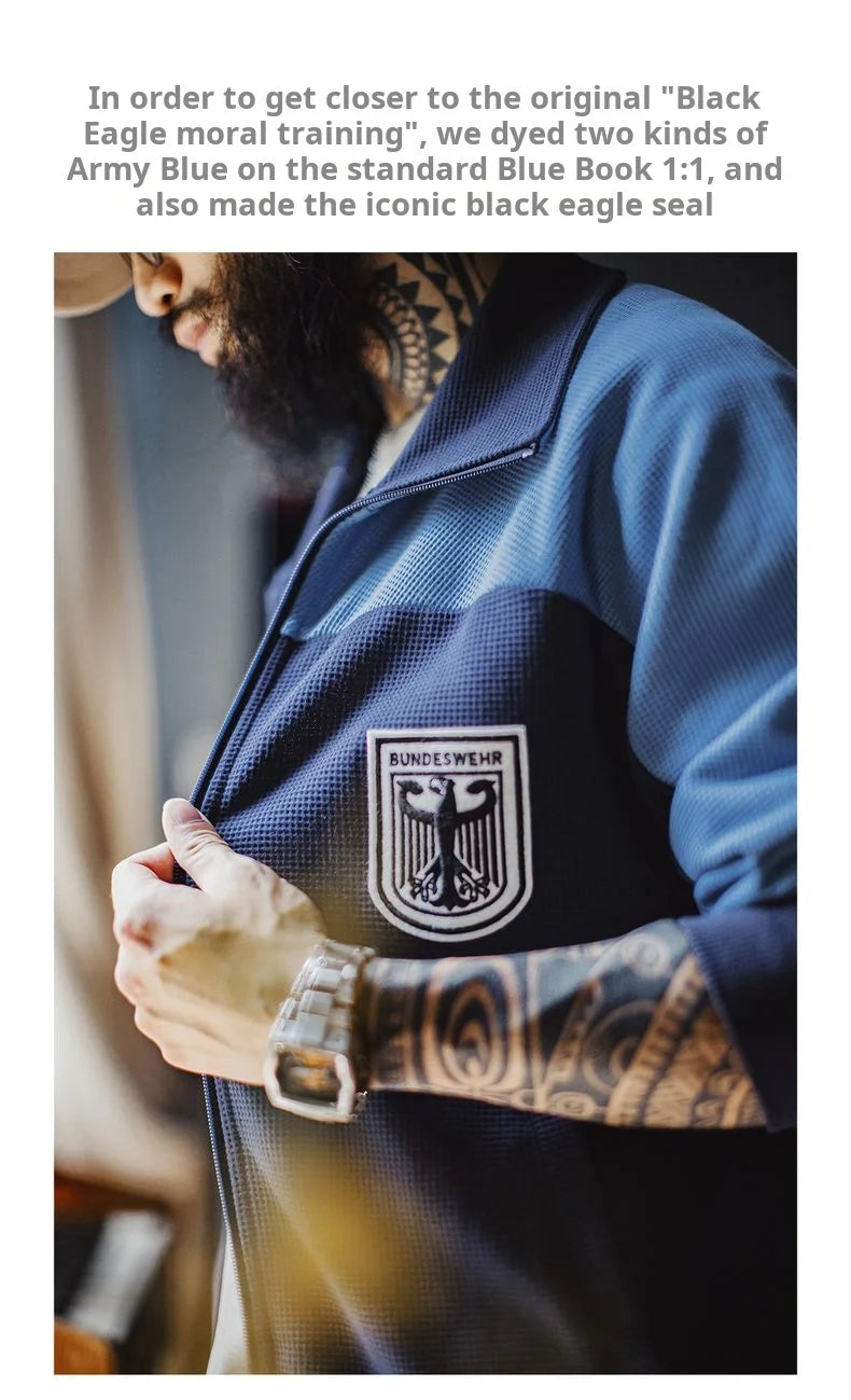 Maden Men's Vintage Contrast Navy Blue Jacket Waffle Knit Training Jacket Breathable Stand Collar Outwear for Spring Fall