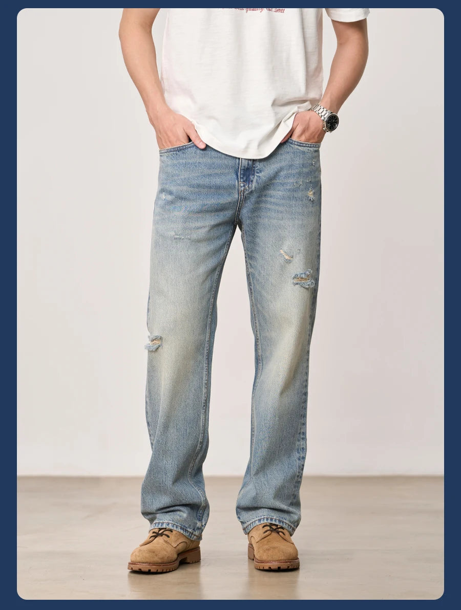 SIMWOOD High Standard 2026 Summer New Loose Relax 14oz Fabric Hole Ripped Jeans Men Vintage Streetwear Fashion Denim Pants