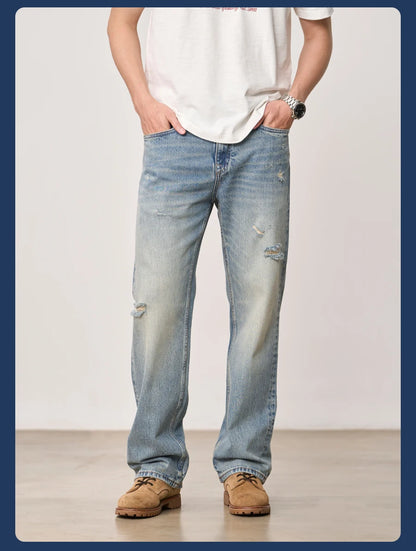 SIMWOOD High Standard 2026 Summer New Loose Relax 14oz Fabric Hole Ripped Jeans Men Vintage Streetwear Fashion Denim Pants
