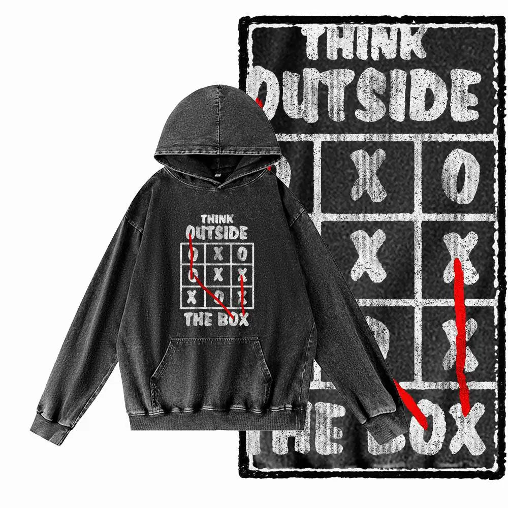 Think Outside the Box Acid-Washed Black Graphic Hoodie